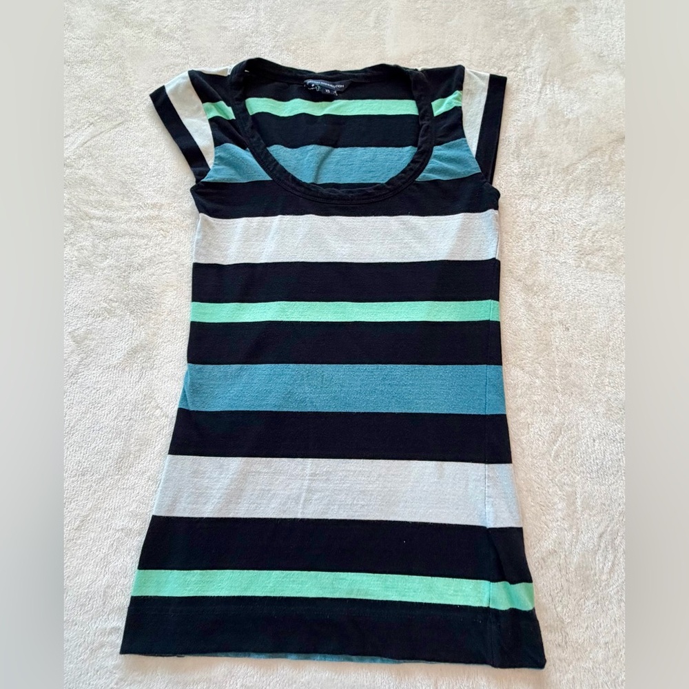 French Connection Striped Cap Sleeve Top Womens XSmall Black teal gray Stretch